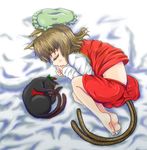  animal_ears barefoot brown_hair cat cat_ears cat_tail chen fetal_position hat hat_removed hato_(grazie_a_domani_7) headwear_removed kaenbyou_rin kaenbyou_rin_(cat) lying mob_cap multiple_tails nekomata on_bed on_side short_hair skirt skirt_set sleeping tail touhou two_tails 