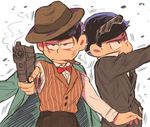  bad_id bad_twitter_id black_hair blue_eyes bow bowtie brothers cigar eyewear_on_head formal gun handgun highres jacket_on_shoulders looking_at_viewer male_focus matsuno_ichimatsu matsuno_karamatsu multiple_boys o2_(o2mm) osomatsu-kun osomatsu-san siblings simple_background smoking suit sunglasses waistcoat weapon white_background 