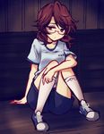  bad_id bad_pixiv_id brown_eyes brown_hair glasses gym_uniform looking_at_viewer red-framed_eyewear shirt short_sleeves shorts sitting solo touhou uranaishi_(miraura) usami_sumireko 