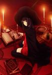  black_legwear book bottle bowl brown_eyes brown_hair burning candle cape dress hat hexagram highres indoors knife looking_at_viewer magic_circle original red_dress sitting solo sugina_miki thighhighs wand wariza witch_hat 