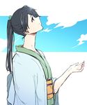  alternate_costume asakawa_(outeq) collarbone commentary_request empty_eyes from_side hair_ribbon haori houshou_(kantai_collection) japanese_clothes kantai_collection kimono long_hair looking_up obi ponytail ribbon sash sky smile solo 