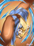  abo_(hechouchou) blonde_hair blue_dress bracelet breasts brown_legwear cameltoe china_dress chinese_clothes chun-li chun-li_(cosplay) cosplay crotch djeeta_(granblue_fantasy) double_bun dress granblue_fantasy jewelry kicking legs medium_breasts panties pantyhose pelvic_curtain short_hair solo spiked_bracelet spikes spinning_bird_kick spread_legs street_fighter thick_thighs thighs underwear upside-down 