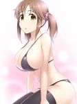  1girl bikini black_bikini blush breasts brown_hair collarbone commentary eyebrows_visible_through_hair from_side groin hair_ornament hair_scrunchie idolmaster idolmaster_cinderella_girls large_breasts looking_at_viewer medium_hair open_mouth pataniito pink_background scrunchie sideboob simple_background solo strap_gap swimsuit thighhighs totoki_airi twintails yellow_eyes 