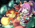  blue_skin collar dragon dragon_tamer_tristana goggles goggles_on_head league_of_legends midriff navel nobu_baka open_mouth pointy_ears short_hair tristana white_hair yordle 