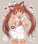  animal_ears bell brown_eyes brown_hair candy candy_cane candy_wrapper cat_ears cat_tail checkerboard_cookie chestnut_mouth cookie doughnut dress food hair_ribbon hat highres jingle_bell kagerou_(shadowmage) kantai_collection kemonomimi_mode libeccio_(kantai_collection) long_hair macaron open_mouth paw_pose paw_print pocky pudding ribbon sailor_dress solo sweets tail twintails 