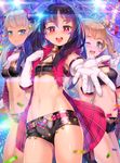  :d ;d absurdres bangs banned_artist bell bell_collar blue_eyes blush breasts collar confetti cowboy_shot furyou_michi_~gang_road~ gloves glowstick green_eyes heart highres idol jingle_bell looking_at_viewer midriff multiple_girls navel one_eye_closed open_mouth parted_lips red_eyes short_shorts shorts small_breasts smile star star-shaped_pupils symbol-shaped_pupils white_gloves xil 