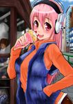  blush bokkusu breasts commentary_request crepe food food_wrapper fruit hand_in_pocket headphones large_breasts long_hair looking_at_viewer nitroplus open_mouth pink_hair red_eyes smile solo strawberry super_sonico whipped_cream 