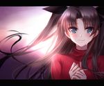  backlighting bad_id bad_pixiv_id bangs blue_eyes blush brown_hair crying crying_with_eyes_open fate/stay_night fate_(series) hair_ribbon hands_together letterboxed long_hair looking_at_viewer mallizmora red_shirt ribbon shirt smile solo teardrop tears toosaka_rin tsurime two_side_up upper_body very_long_hair 