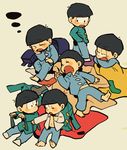  backpack bag berobero black_hair blush_stickers brothers child dressing hands_in_pockets male_focus matsuno_choromatsu matsuno_ichimatsu matsuno_juushimatsu matsuno_karamatsu matsuno_osomatsu matsuno_todomatsu multiple_boys oldschool one_eye_closed osomatsu-kun pajamas randoseru sextuplet_(osomatsu-kun) sextuplets siblings simple_background sleeping tan_background 