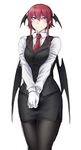  alternate_hair_length alternate_hairstyle bat_wings black_legwear blush breasts commentary_request dress_shirt frown gloves head_wings highres koakuma large_breasts long_hair miniskirt multiple_wings necktie nicutoka pantyhose pencil_skirt red_eyes red_hair shirt short_hair short_hair_with_long_locks simple_background sketch skirt skirt_set solo touhou v_arms vest white_background white_gloves wings 