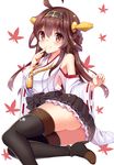  ahoge ass bad_id bad_pixiv_id bare_shoulders brown_hair detached_sleeves double_bun finger_to_mouth hairband headgear japanese_clothes kantai_collection kongou_(kantai_collection) long_hair nontraditional_miko smile solo thighhighs yuzu-aki 