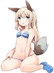  :o animal_ears bad_id bad_pixiv_id bikini blonde_hair blue_bikini blue_eyes blush crocs eila_ilmatar_juutilainen kinakomoti long_hair looking_at_viewer navel open_mouth simple_background sitting solo strike_witches striped striped_bikini swimsuit tail wariza white_background world_witches_series 