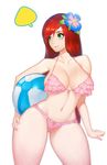  ball beachball bikini bling_(wnsdud34) breasts cleavage flower frilled_bikini frills green_eyes hair_flower hair_ornament highres katarina_du_couteau large_breasts league_of_legends light_smile long_hair navel pink_bikini red_hair scar simple_background solo swimsuit thick_thighs thighs very_long_hair white_background 