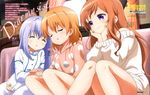  absurdres blush character_name chin_rest closed_eyes curtains dress engrish gochuumon_wa_usagi_desu_ka? hands_on_own_cheeks hands_on_own_face highres holding_hands hood hoodie hoto_cocoa hoto_mocha indoors kafuu_chino lavender_hair leaning_on_person long_hair loungewear multiple_girls off-shoulder_sweater official_art orange_hair polka_dot_hoodie purple_eyes ranguage siblings sisters sitting smile sweater sweater_dress usami_kouichi window 