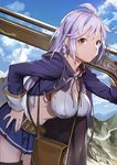  bad_id bad_twitter_id bare_shoulders blue_jacket braid breasts brown_eyes cleavage from_side granblue_fantasy hand_on_hip jacket large_breasts leaning_forward long_hair looking_at_viewer midriff mikurou_(nayuta) miniskirt navel over_shoulder silva_(granblue_fantasy) silver_hair skirt solo thighhighs twin_braids weapon weapon_over_shoulder zettai_ryouiki 