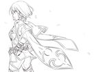  ass breasts cape cloak from_behind greyscale hair_tubes hands_on_hips lineart medium_breasts monochrome pants petals rose_(tales) short_hair solo tales_of_(series) tales_of_zestiria tusia 