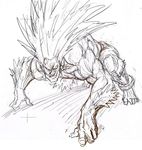  1boy arm_hair blank_eyes blanka leg_hair long_hair monochrome murata_yuusuke muscle sketch solo street_fighter veins white_background 