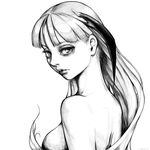  2015 bangs bare_shoulders blunt_bangs commentary_request eyelashes faux_traditional_media greyscale head_wings kari_(artist) lips long_hair looking_back monochrome morrigan_aensland realistic solo upper_body vampire_(game) 