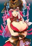  1girl between_breasts blue_eyes breasts cleavage dated fate/extra fate/grand_order fate_(series) francis_drake_(fate) hat huge_breasts kettle21 long_hair looking_at_viewer matou_shinji miniboy parted_lips person_between_breasts pink_hair pirate_hat scarf translation_request 