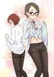  black_legwear blush bra breasts brown_eyes brown_hair cleavage crotch_seam freckles from_behind glasses looking_back medium_breasts morifumi multiple_girls navel original panties panties_under_pantyhose pantyhose shirt shirt_lift smile thighband_pantyhose underwear 