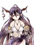  antenna_hair bad_id bad_pixiv_id bandages bikini black_hair breasts cleavage crescent danua doll draph front-tie_top granblue_fantasy hair_between_eyes highres horn_ornament horns jewelry large_breasts long_hair mikihiro necklace pointy_ears red_eyes sarong simple_background solo swimsuit very_long_hair white_background 