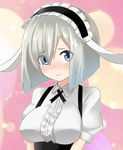  alternate_costume blue_eyes blush breasts cosplay fleur_de_lapin_uniform gochuumon_wa_usagi_desu_ka? hair_ornament hair_over_one_eye hairclip hamakaze_(kantai_collection) highres kantai_collection kirima_sharo kirima_sharo_(cosplay) large_breasts looking_at_viewer maid short_hair silver_hair simple_background sin_(kami148) solo underbust upper_body waitress white_hair 