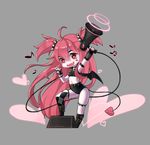  absurdres arm_up armpits bad_id bad_pixiv_id chibi commentary demon_girl demon_tail demon_wings fangs fingerless_gloves gloves heart heart-shaped_pupils highres long_hair looking_at_viewer megaphone midriff open_mouth original pink_eyes pink_hair single_thighhigh smile solo symbol-shaped_pupils tail thighhighs tp_(kido_94) two_side_up wings 