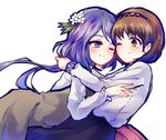  bad_id bad_pixiv_id brown_dress brown_eyes brown_hair cheek-to-cheek dress flower hair_flower hair_ornament hairband hug long_hair long_sleeves low_twintails multiple_girls one_eye_closed purple_eyes purple_hair shirt short_hair siblings sisters skirt smile touhou tsukumo_benben tsukumo_yatsuhashi twintails uranaishi_(miraura) very_long_hair 