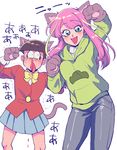  1girl animal_ears black_hair blazer blood cat_ears cosplay costume_switch crossdressing denim gloves green_eyes hashimoto_nyaa hashimoto_nyaa_(cosplay) hood hoodie jacket jeans long_hair matsuno_choromatsu matsuno_choromatsu_(cosplay) messy_hair multicolored_hair nosebleed oniyama831 osomatsu-kun osomatsu-san pants paw_gloves paw_pose paws pink_hair school_uniform short_hair simple_background skirt smile streaked_hair tears trembling white_background 