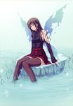  absurdres black_legwear blue_eyes brown_hair center_frills highres long_hair outdoors parted_lips pp:_pianissimo red_skirt shirakawa_ayane sitting skirt soaking_feet solo sugina_miki tears thighhighs torn_clothes water wings 