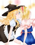  absurdres alice_margatroid apron blonde_hair blue_eyes blush capelet closed_eyes couple hairband hat heart highres kirisame_marisa kiss long_hair mobile multiple_girls samayoi short_hair socks star touhou waist_apron white_legwear witch_hat yuri 