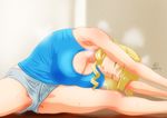  bad_id bad_pixiv_id blonde_hair blue_shirt breasts cleavage closed_eyes curly_hair heavy_breathing highres huge_breasts indoors k.ty_(amejin) lips long_hair on_floor original parted_lips room shirt short_shorts shorts solo spread_legs steaming_body stretch sweat tank_top teeth thighs 