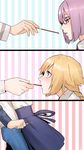  3girls amino_(tn7135) artoria_pendragon_(all) blonde_hair blush commentary emiya_shirou fate/apocrypha fate/grand_order fate/stay_night fate_(series) food glasses hetero jeanne_d'arc_(fate) jeanne_d'arc_(fate)_(all) mash_kyrielight multiple_girls out_of_frame pocky pocky_day purple_eyes purple_hair saber 