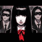  2girls black_eyes black_hair close-up face formal gogo_yubari ilya_kuvshinov kill_bill letterboxed long_hair mask multiple_girls necktie solo_focus spot_color suit 