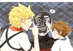  :q age_difference blonde_hair blue_eyes brown_hair child commentary face_painting helmet kingdom_hearts kingdom_hearts_birth_by_sleep male_focus meru multiple_boys sleeping sora_(kingdom_hearts) tongue tongue_out vanitas ventus zzz 
