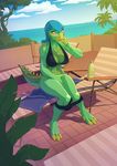  2015 anthro bikini blush bottle bottomless bra cleavage clothed clothing dinosaur female half-dressed looking_at_viewer masturbation oil outside panties pussy_juice scalie sea sitting solo swimsuit underwear vaginal_masturbation water wolfy-nail 