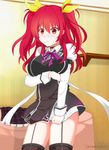  :t absurdres artist_name bima_rahmaa blush bow breast_hold breasts garter_straps hair_between_eyes hair_bow highres long_hair rakudai_kishi_no_cavalry red_eyes red_hair school_uniform skirt skirt_removed solo stella_vermillion thighhighs two_side_up 