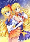  aino_minako bishoujo_senshi_sailor_moon blonde_hair blue_eyes blue_sailor_collar choker circlet dual_persona earrings elbow_gloves gloves hair_ribbon hand_on_hip holding holding_mask jewelry long_hair mask mask_removed miniskirt multiple_girls one_eye_closed orange_choker orange_sailor_collar orange_skirt pleated_skirt ribbon sailor_collar sailor_senshi_uniform sailor_venus school_uniform serafuku shiba_koen_middle_school_uniform skirt smile tomomiya very_long_hair white_gloves 