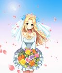  bare_shoulders blonde_hair blush bouquet bridal_veil character_request crown dress flower green_eyes hair_flower hair_ornament jewelry lens_flare long_hair looking_at_viewer lost_saga necklace petals smile solo standing veil wedding_dress white_dress 