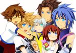 4boys age_difference aqua_(kingdom_hearts) aqua_eyes blonde_hair blue_eyes blue_hair brown_hair child closed_eyes commentary flower hand_on_another's_head jewelry kairi_(kingdom_hearts) kingdom_hearts kingdom_hearts_birth_by_sleep looking_at_another meru multiple_boys multiple_girls necklace one_eye_closed open_mouth red_hair riku simple_background smile sora_(kingdom_hearts) terra_(kingdom_hearts) ventus white_background white_hair wristband 