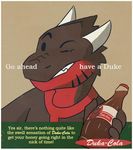  advertisement bad_dragon beverage dragon duke_(bad_dragon) fallout fallout_4 food one_eye_closed scalie soda unknown_artist video_games western_dragon wink 