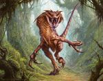  ambiguous_gender charging claws dinosaur fangs feral filip_burburan front_view jungle landscape lomg_tail looking_at_viewer magic_the_gathering official_art open_mouth raptor scalie solo tongue tongue_out 