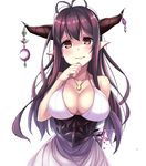 antenna_hair bad_id bad_pixiv_id bandaged_arm bandages beeyan blush breasts cleavage crescent danua draph granblue_fantasy hair_between_eyes highres horn_ornament horns jewelry large_breasts long_hair looking_at_viewer pendant pointy_ears purple_hair red_eyes simple_background sleeveless solo upper_body wavy_mouth white_background 