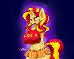  2015 anthro anthrofied clothed clothing equestria_girls equine female hair hand_behind_back hi_res horn long_hair looking_at_viewer lordzid mammal multicolored_hair my_little_pony navel one_eye_closed open_mouth skirt solo sunset_shimmer_(eg) two_tone_hair unicorn 