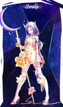  alternate_costume alternate_hair_color alternate_skin_color bare_shoulders breasts character_name crescent full_body high_heels highres horn league_of_legends long_hair looking_at_viewer medium_breasts pointy_ears ponytail purple_hair sideboob solo soraka staff tattoo very_long_hair xiao_jian yellow_eyes 