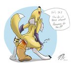  2015 anal anal_penetration animal_genitalia anthro anus balls blue_eyes blush butt canine cum cum_while_penetrated digimon dildo fox fur hands-free horsecock magnificent-arsehole male mammal nude open_mouth orgasm penetration penis renamon sex_toy simple_background solo white_fur yellow_fur 