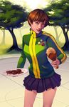  amber_harris bad_id bad_tumblr_id badge brown_eyes brown_hair button_badge chicken_(food) food highres holding holding_food holding_plate jacket meat miniskirt persona persona_4 plate pleated_skirt satonaka_chie short_hair skewer skirt solo track_jacket tree 
