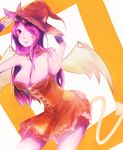  angel_wings bare_shoulders breasts cleavage demon_tail dress fingerless_gloves gloves hat large_breasts league_of_legends leaning_forward long_hair morgana pointy_ears purple_eyes purple_hair purple_skin red_dress smile solo star_tattoo tail tattoo wings witch_hat xiao_jian 