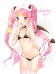  ahoge bikini black_bikini black_wings blush borrowed_character breasts byulzzimon choker demon_horns demon_tail fang happy_birthday hitsukuya horns long_hair open_mouth original pink_hair pointy_ears small_breasts solo swimsuit tail thighhighs twintails very_long_hair wand white_legwear wings 