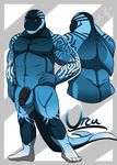  2015 abstract_background amwulf bald balls big_muscles blue_skin cetacean fin half-erect humanoid_penis looking_at_viewer male mammal marine markings model_sheet muscular navel nipples orca penis smile solo tattoo teeth whale 